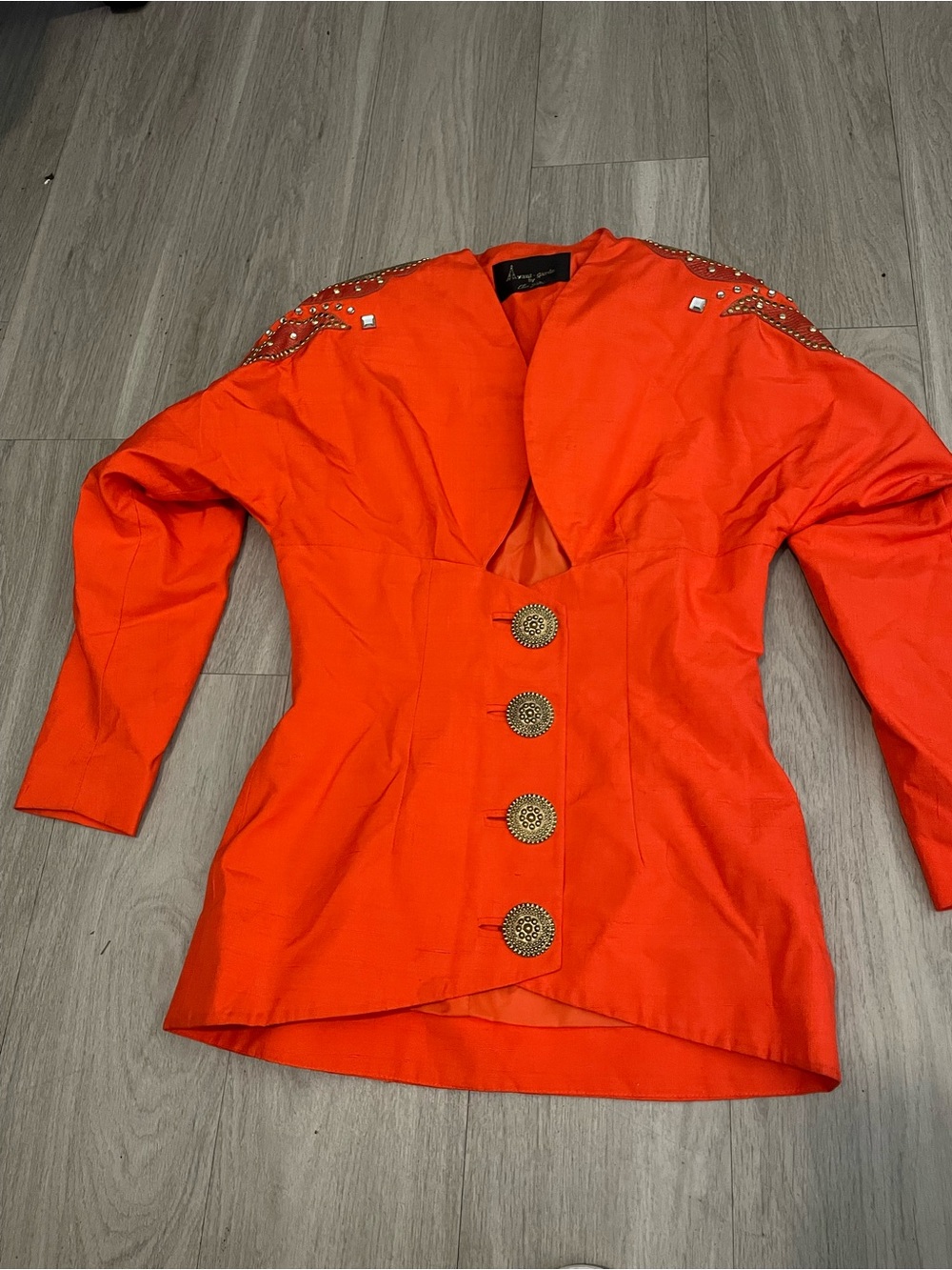 Women's Vibrant Orange Embellished Button Blazer avant garde